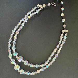 Vintage Necklace 2 Strand Faceted Crystal Aurora Borealis Glamour